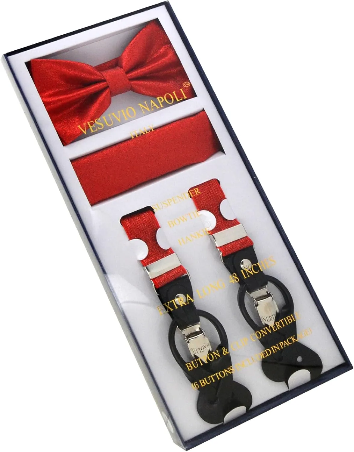 Vesuvio Napoli Men's Suspenders Box Set Bow Tie Pocket Square Hanky Suspender Buttons Clips Metallic Colors