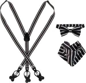 Vesuvio Napoli Men's Suspenders Box Set Bow Tie Pocket Square Hanky Suspender Buttons Clips Striped Design Colors