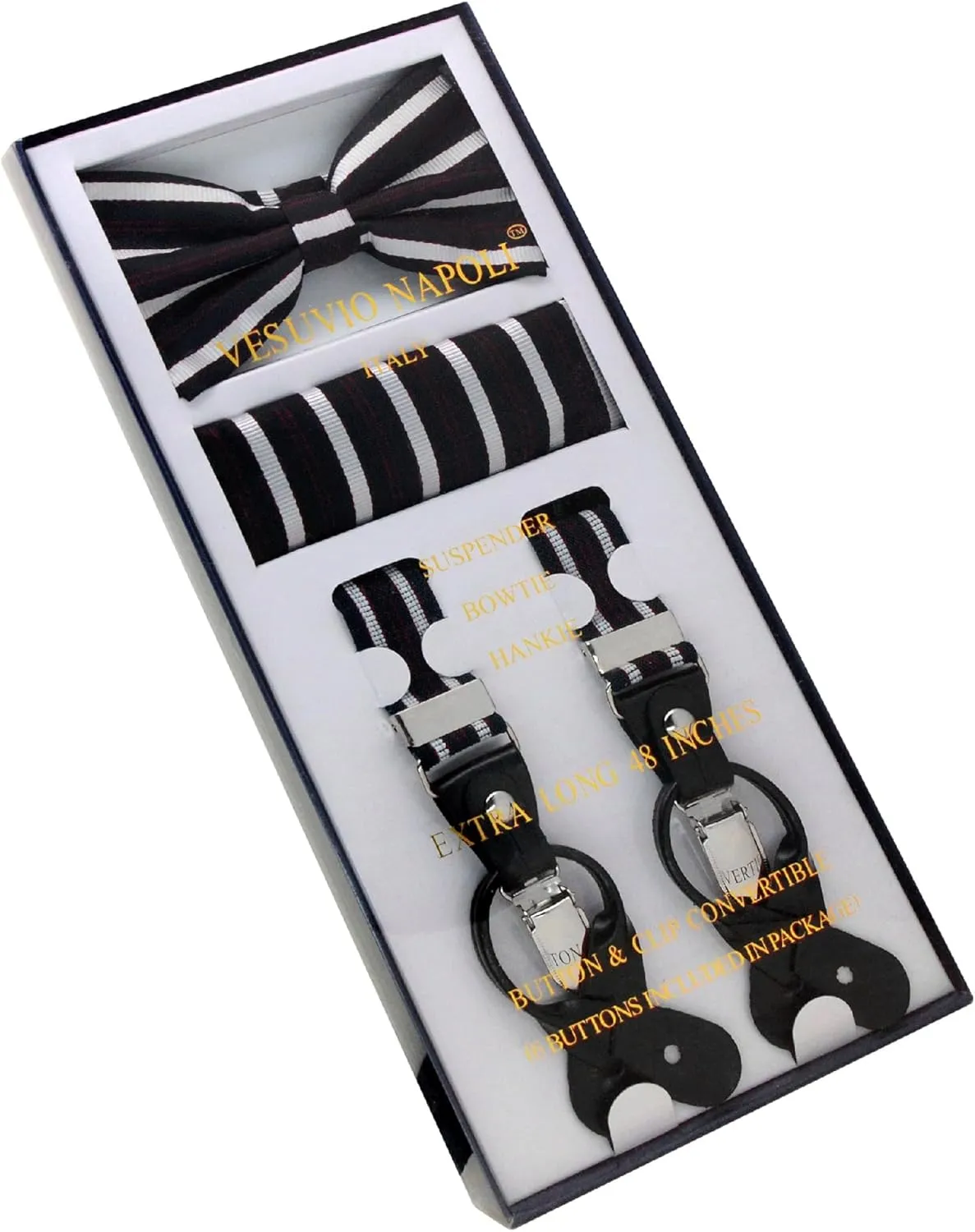 Vesuvio Napoli Men's Suspenders Box Set Bow Tie Pocket Square Hanky Suspender Buttons Clips Striped Design Colors