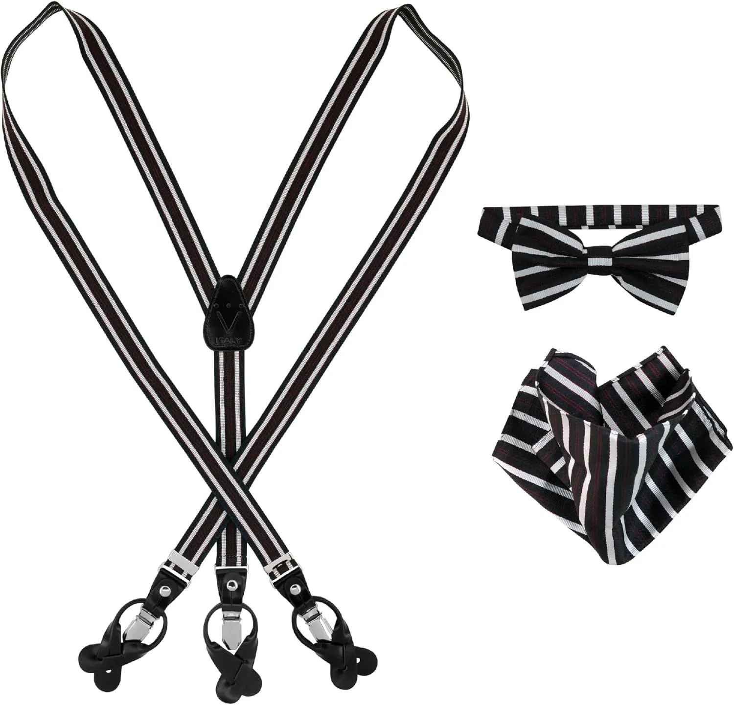 Vesuvio Napoli Men's Suspenders Box Set Bow Tie Pocket Square Hanky Suspender Buttons Clips Striped Design Colors