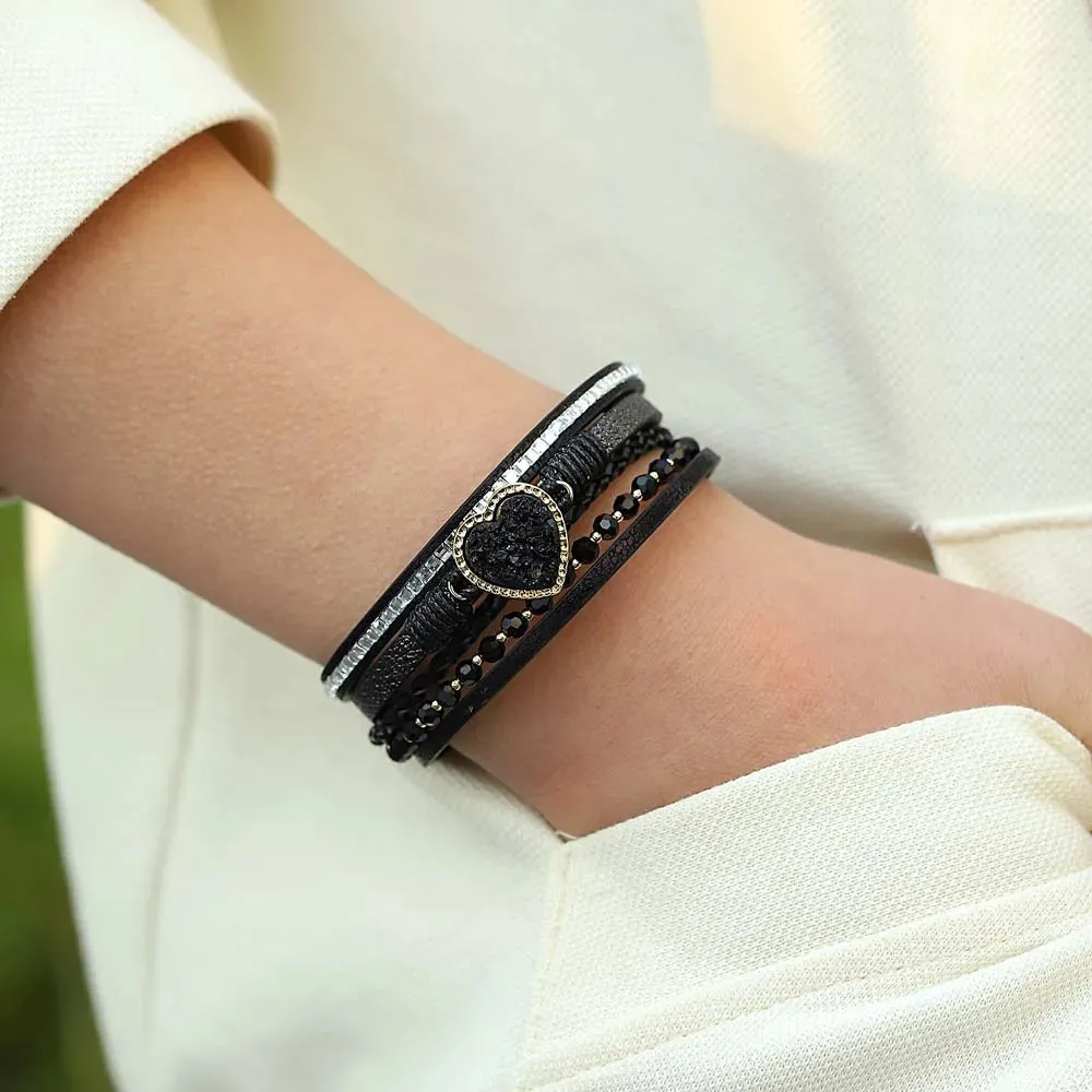 'Vintage' Beads and Heart Charm Bracelet - black