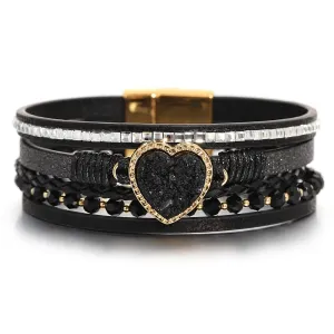 'Vintage' Beads and Heart Charm Bracelet - black