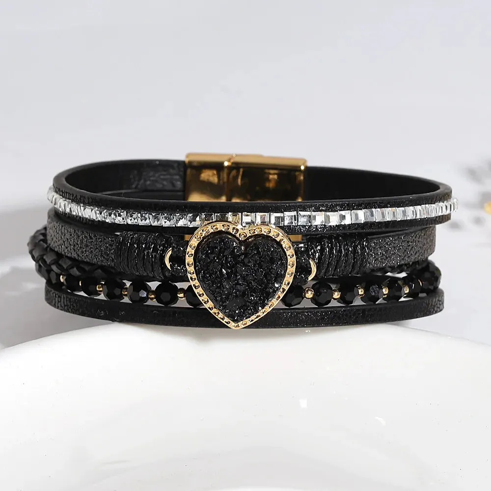 'Vintage' Beads and Heart Charm Bracelet - black