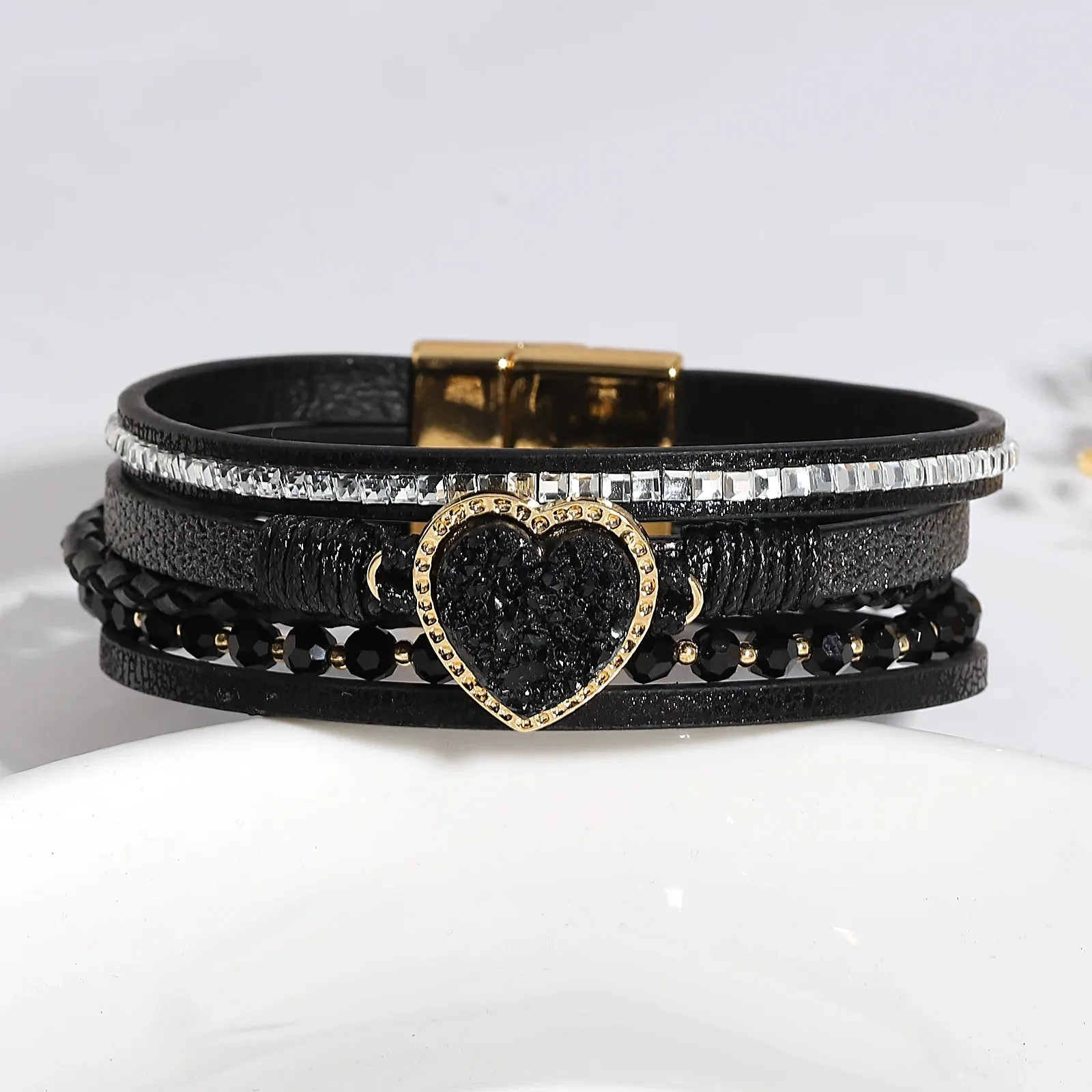 'Vintage' Beads and Heart Charm Bracelet - black