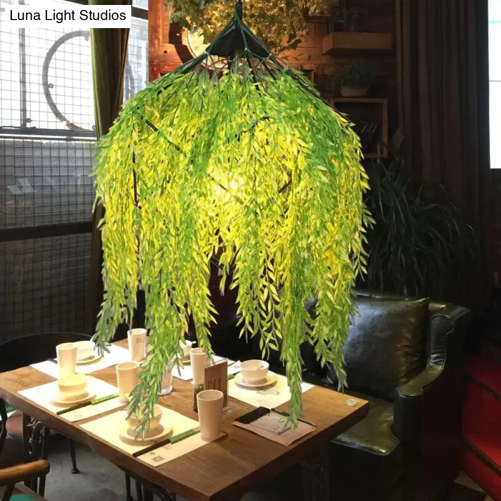 Vintage Black Metal Caged Pendant light with Plant Accent for Restaurant - 1 Bulb, LED, 18"/21.5