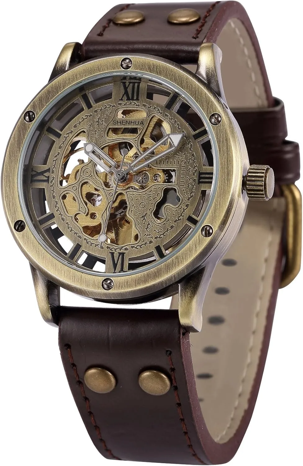 Vintage Bronze Roman Automatic Mechanical Men's Skeleton Brown Leather Strap Wrist Watch PMW362