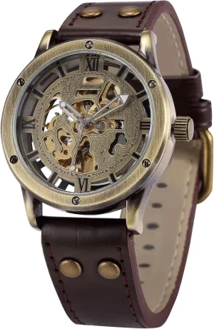 Vintage Bronze Roman Automatic Mechanical Men's Skeleton Brown Leather Strap Wrist Watch PMW362