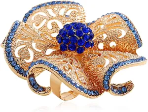 Vintage CZ Camellia Flower Promise Ring for Women Girls Gold Plated Blue Cubic Zirconia Cluster Wave Leaf Statement Band Rings Expandable Adjustable Comfort Fit Elegant Wedding Party Jewelry Gift