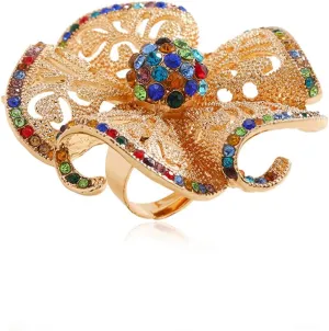 Vintage CZ Camellia Flower Promise Ring for Women Girls Gold Plated Blue Cubic Zirconia Cluster Wave Leaf Statement Band Rings Expandable Adjustable Comfort Fit Elegant Wedding Party Jewelry Gift