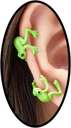 Vintage Frog Ear Clip Earrings - Green Frog Wrap Earrings, No Piercing Cartilage Clip Animal Ear Cuff for Women