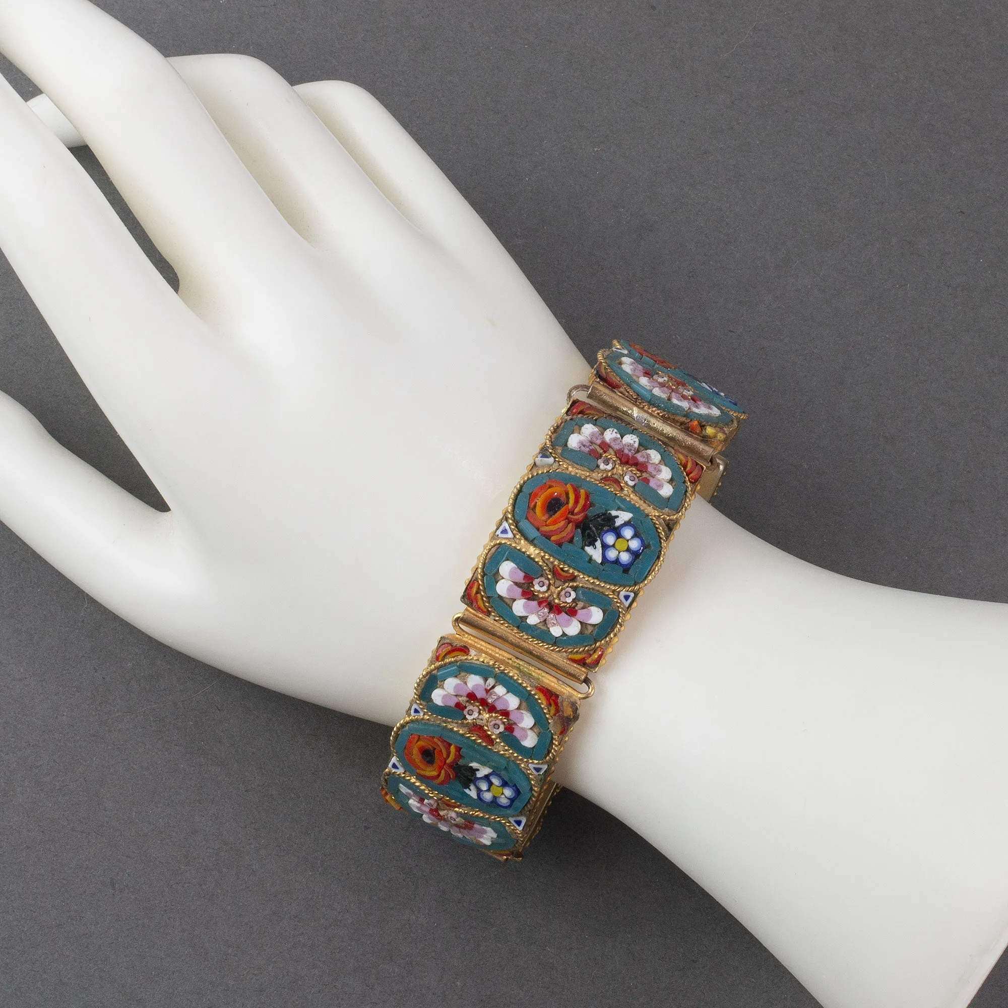 Vintage Italian Micro Mosaic floral link bracelet.  c. 1920s-1930s.  brbg923