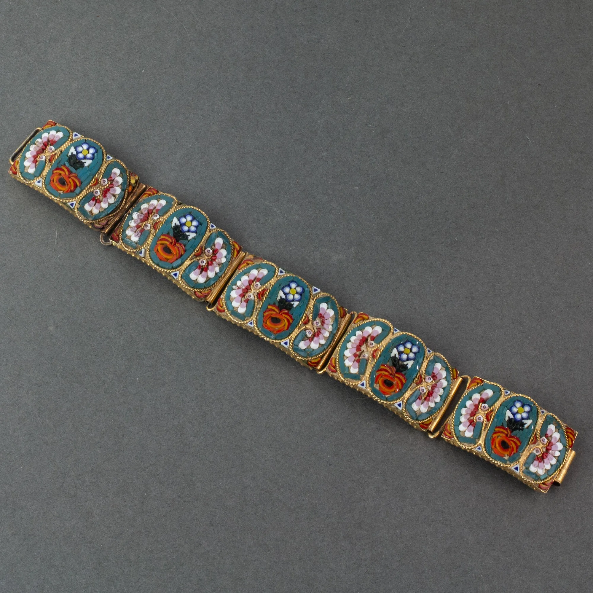 Vintage Italian Micro Mosaic floral link bracelet.  c. 1920s-1930s.  brbg923