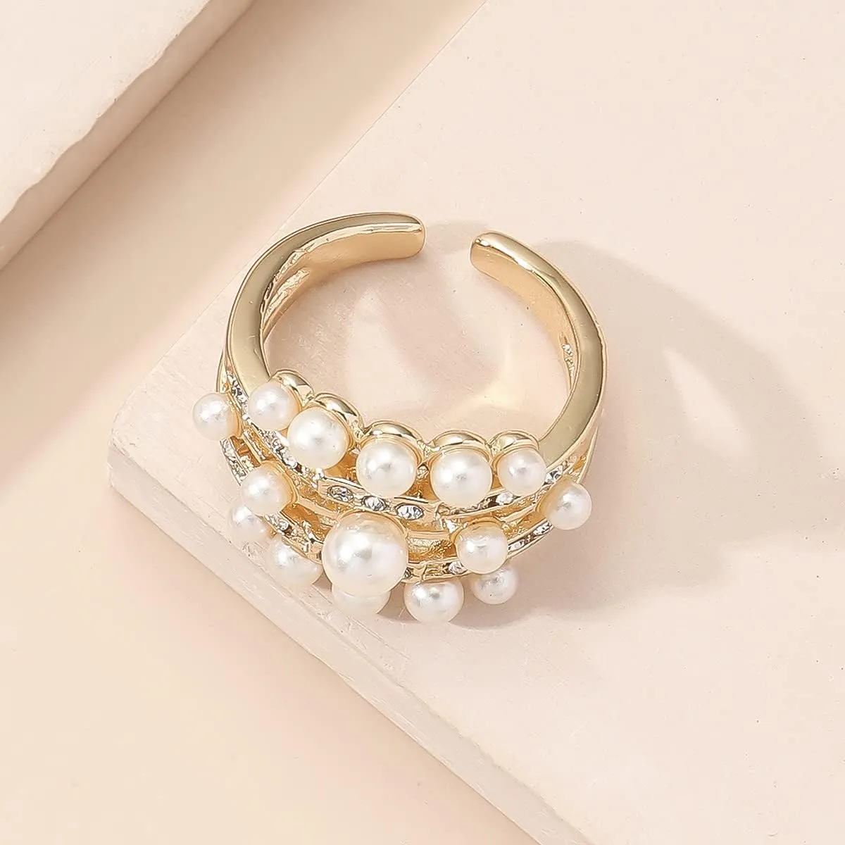 Vintage Pearl Cluster Rings - Adjustable Open Full Finger Pearl Statement Rings for Women