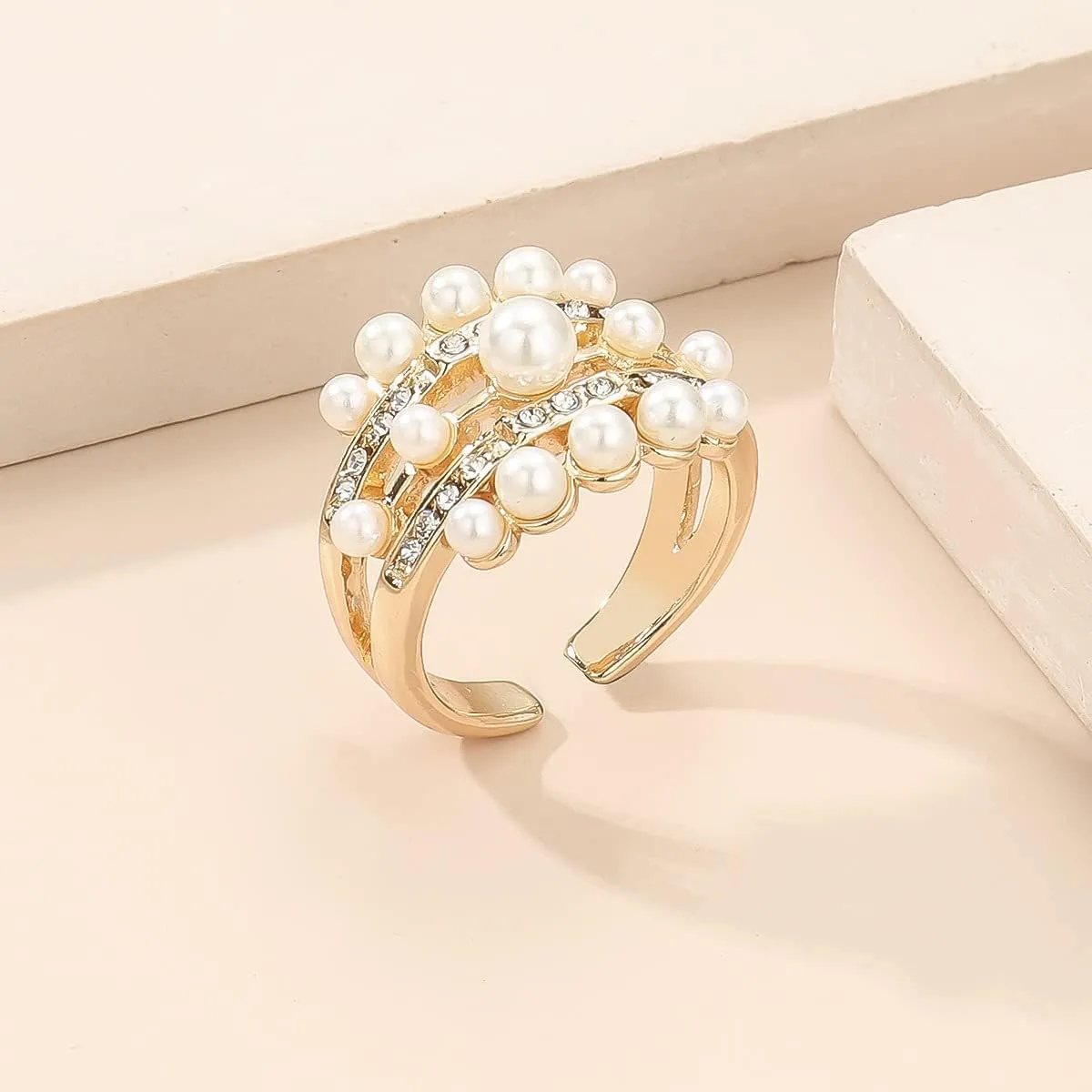Vintage Pearl Cluster Rings - Adjustable Open Full Finger Pearl Statement Rings for Women