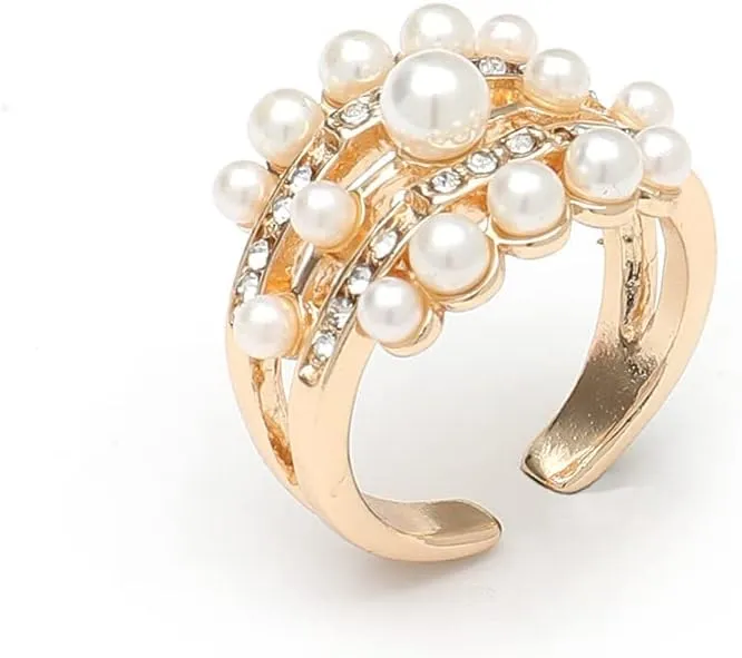 Vintage Pearl Cluster Rings - Adjustable Open Full Finger Pearl Statement Rings for Women