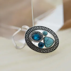 Vintage Style Scarf Clip, Turquoise and Blue Crystal Oval Brooch with Greek Key Pattern