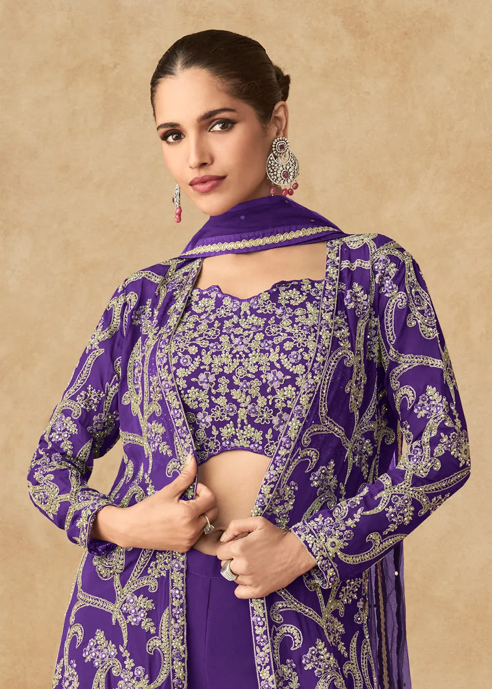 Violet Purple Embroidered Jacket Style Palazzo Suit