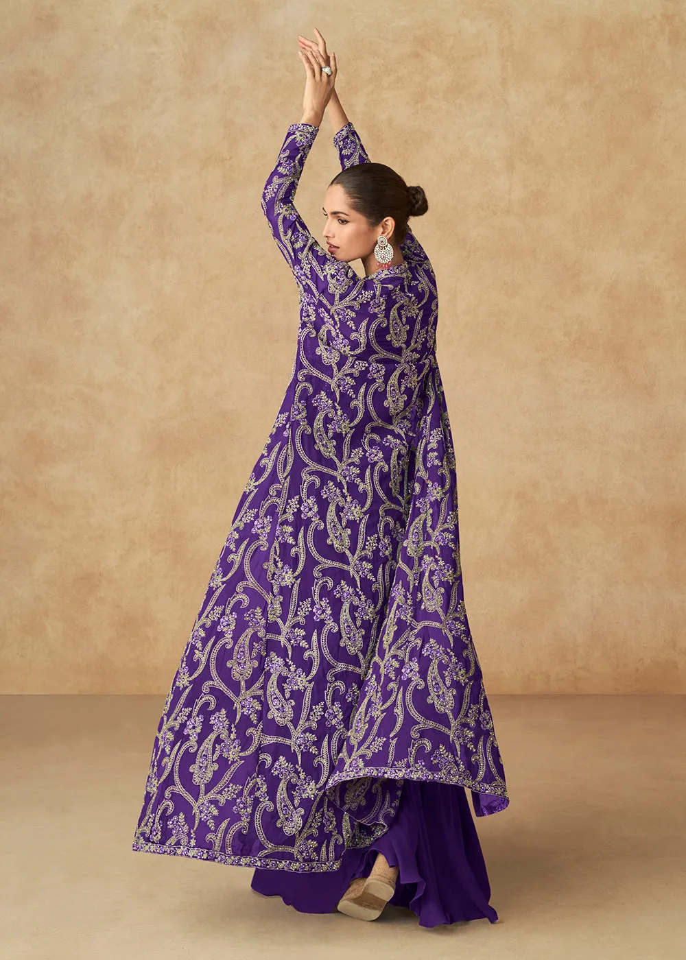 Violet Purple Embroidered Jacket Style Palazzo Suit