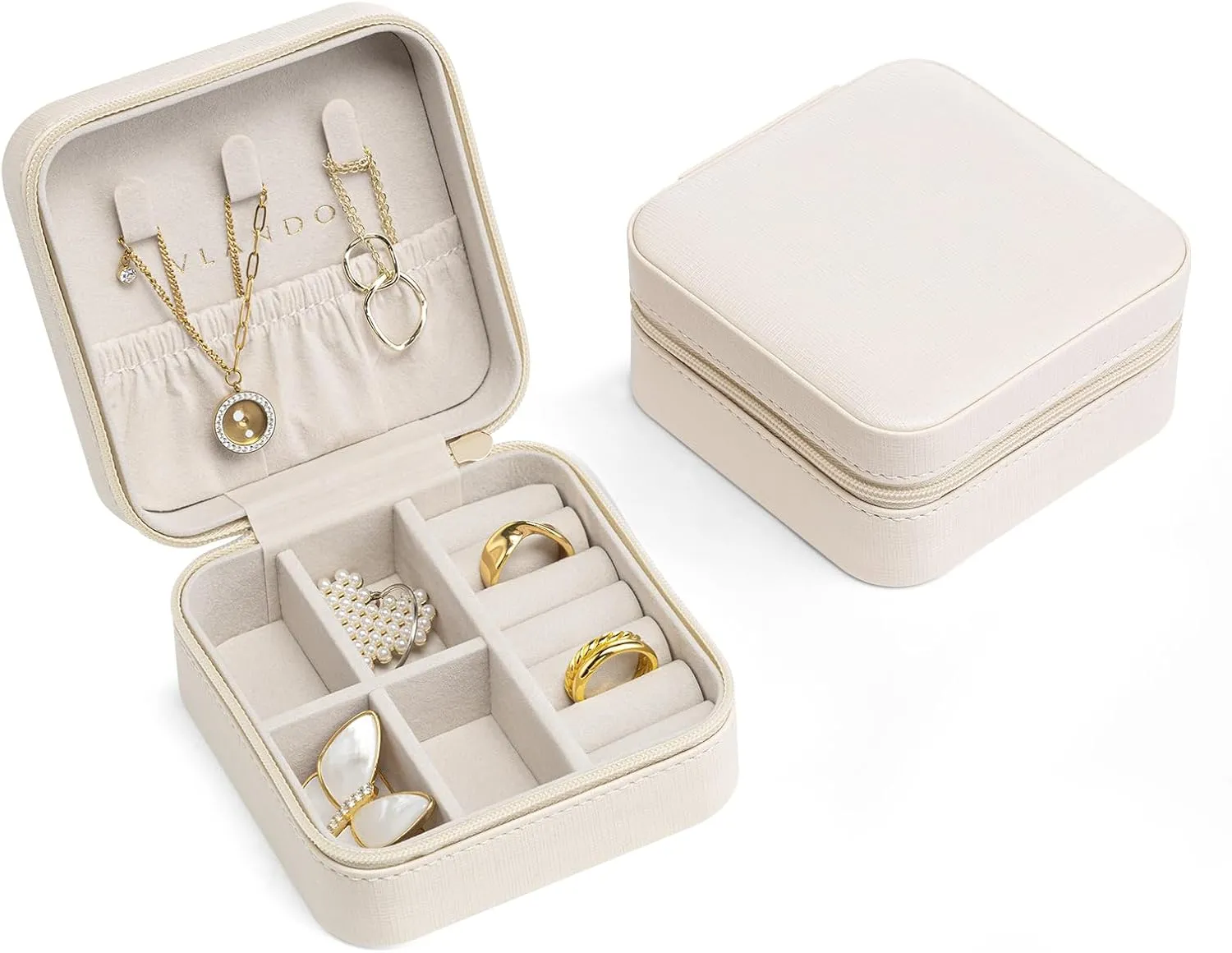 Vlando Small Travel Jewelry Box Organizer Display Case for Girls Women Gift Rings Earrings Necklaces Storage, Beige