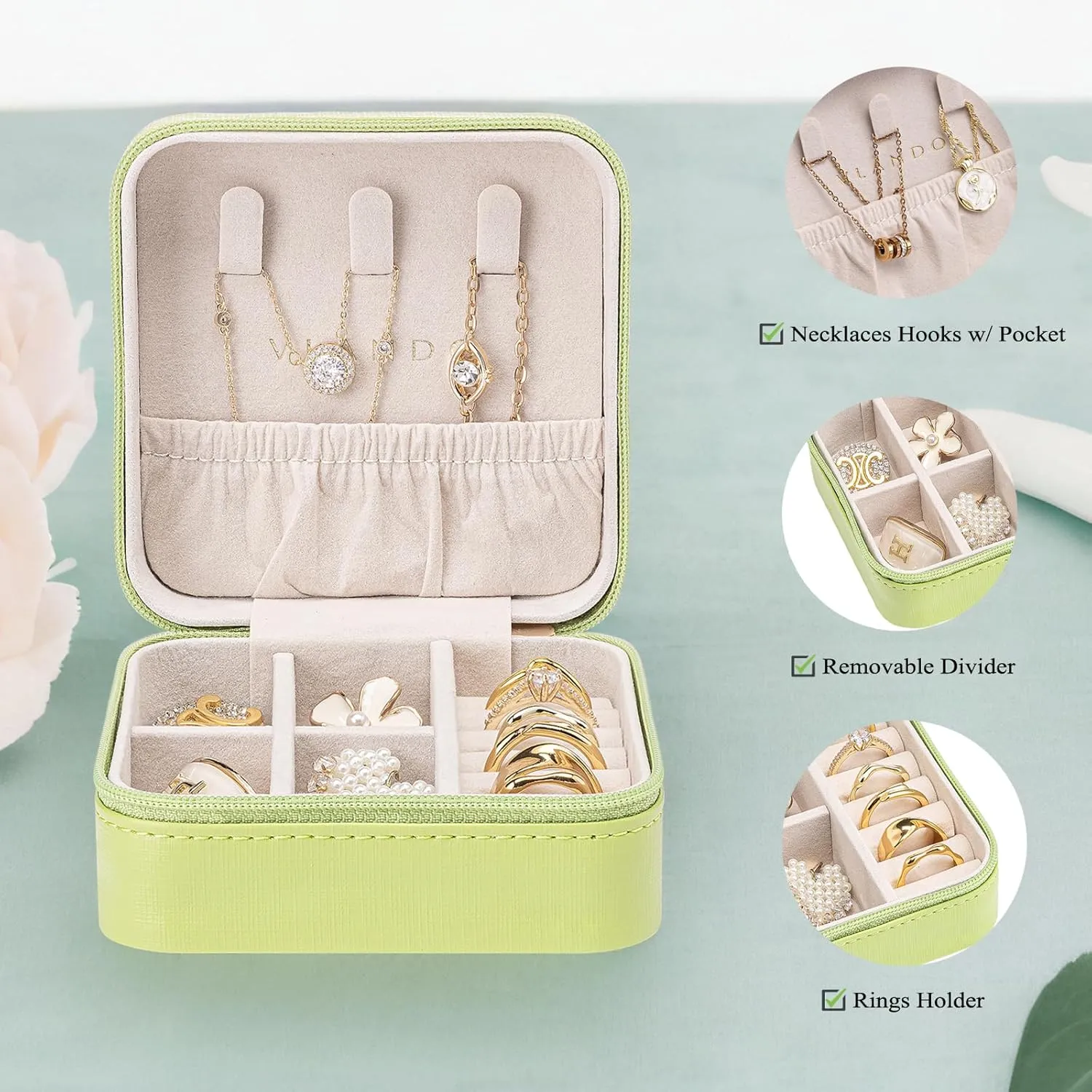 Vlando Small Travel Jewelry Box Organizer Display Case for Girls Women Gift Rings Earrings Necklaces Storage, Sprout Green