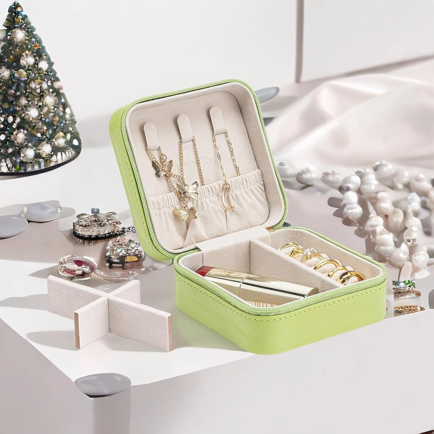Vlando Small Travel Jewelry Box Organizer Display Case for Girls Women Gift Rings Earrings Necklaces Storage, Sprout Green