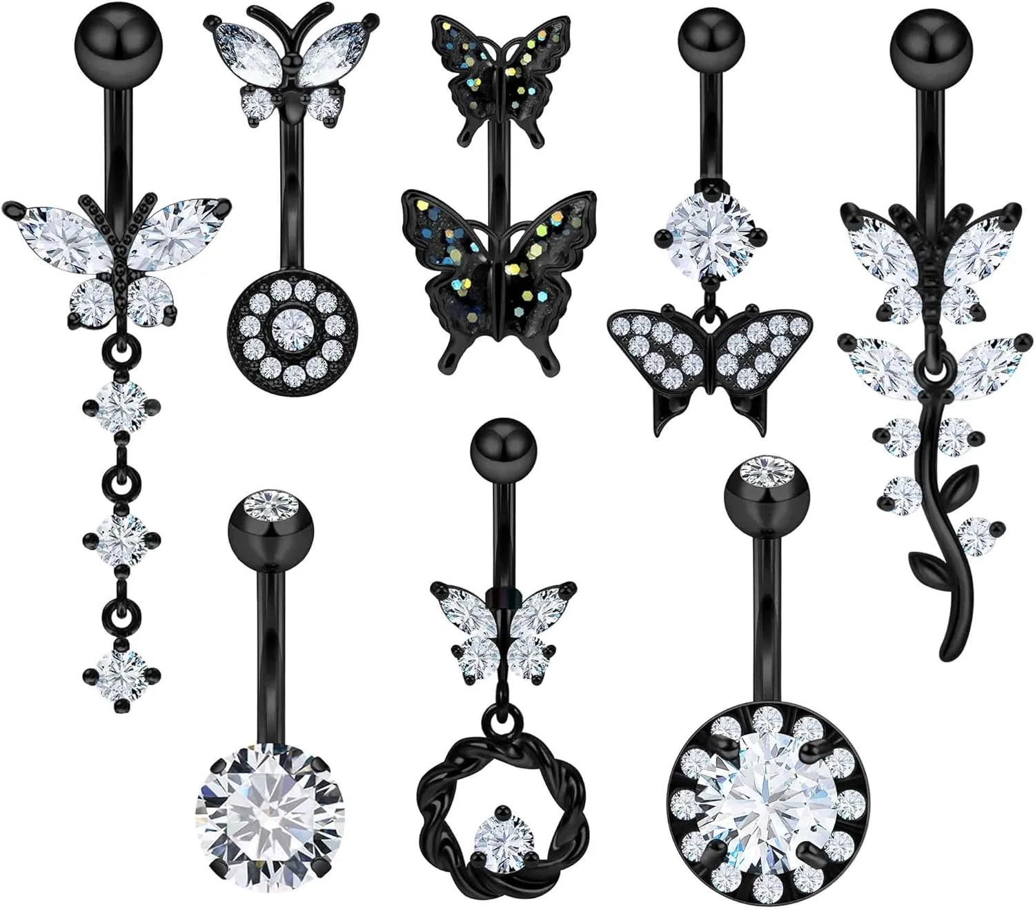 Vsnnsns 14G Belly Button Ring Piercing Jewelry 316L Stainless Surgical Steel Heart CZ Pearl Butterfly Flower Navel Rings Dangle Belly Button Ring Navel Piercing Jewelry for Women Men Hypoallergenic