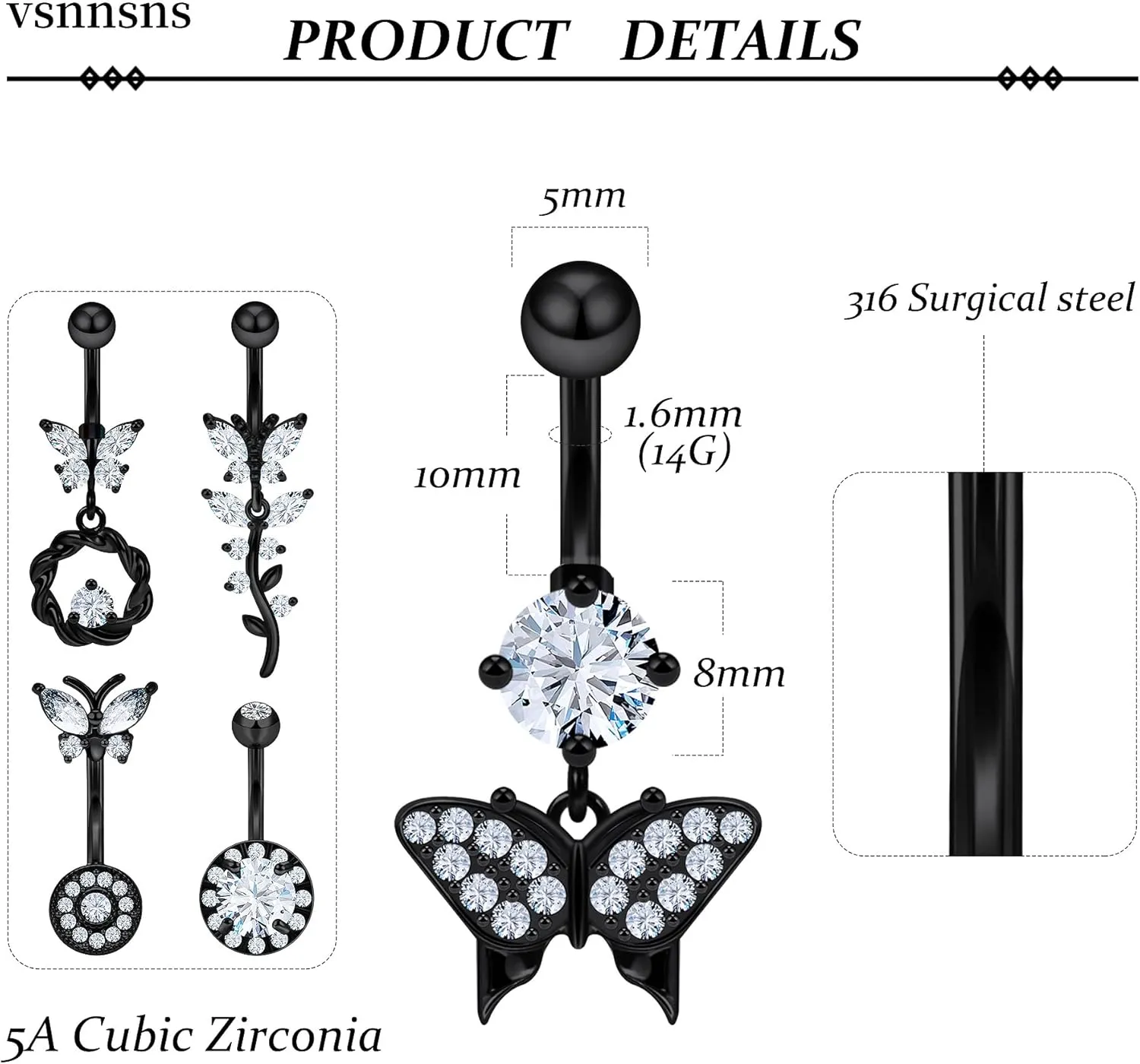 Vsnnsns 14G Belly Button Ring Piercing Jewelry 316L Stainless Surgical Steel Heart CZ Pearl Butterfly Flower Navel Rings Dangle Belly Button Ring Navel Piercing Jewelry for Women Men Hypoallergenic