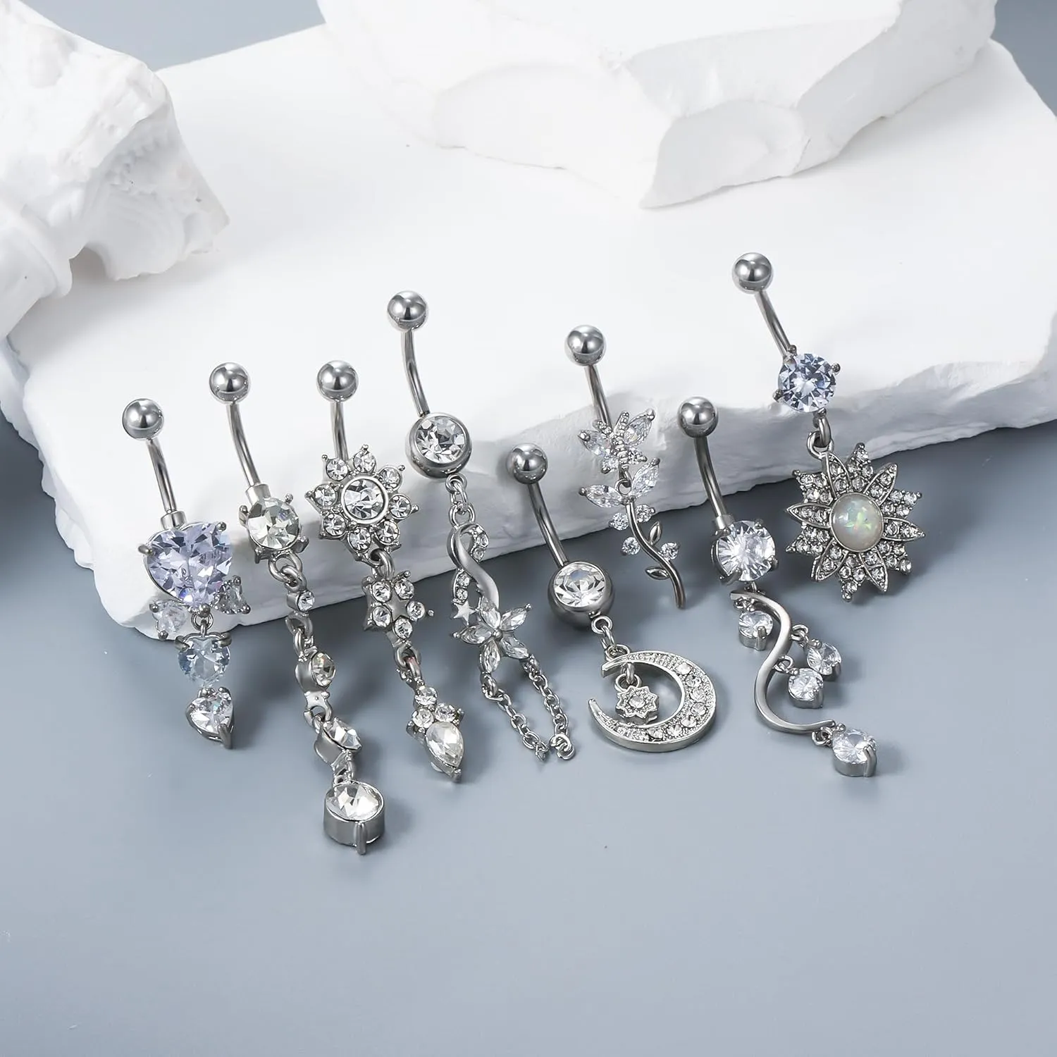 Vsnnsns 14G Dangle Belly Button Ring Piercing Jewelry 316L Stainless Surgical Steel Navel Rings Cubic Zirconia Heart Flower CZ Dangling Belly Button Ring Piercing Jewelry for Women 14 Gauge