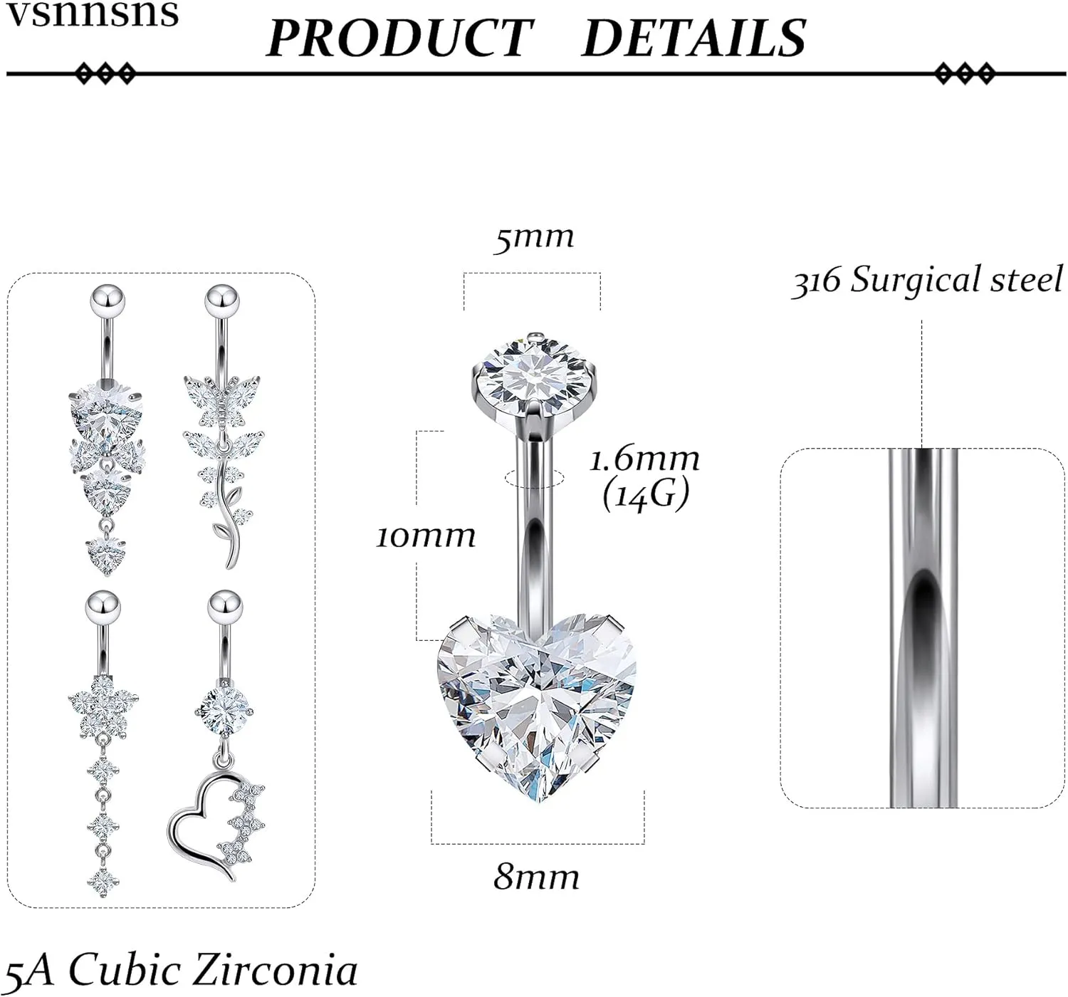 Vsnnsns 14G Dangle Belly Button Ring Piercing Jewelry 316L Stainless Surgical Steel Navel Rings Cubic Zirconia Heart Flower CZ Dangling Belly Button Ring Piercing Jewelry for Women 14 Gauge
