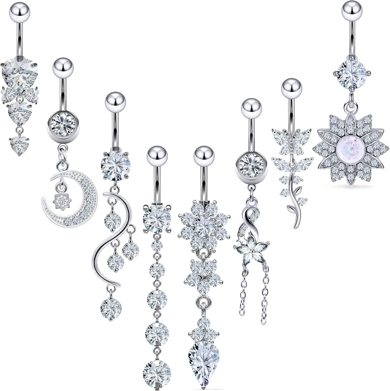 Vsnnsns 14G Dangle Belly Button Ring Piercing Jewelry 316L Stainless Surgical Steel Navel Rings Cubic Zirconia Heart Flower CZ Dangling Belly Button Ring Piercing Jewelry for Women 14 Gauge