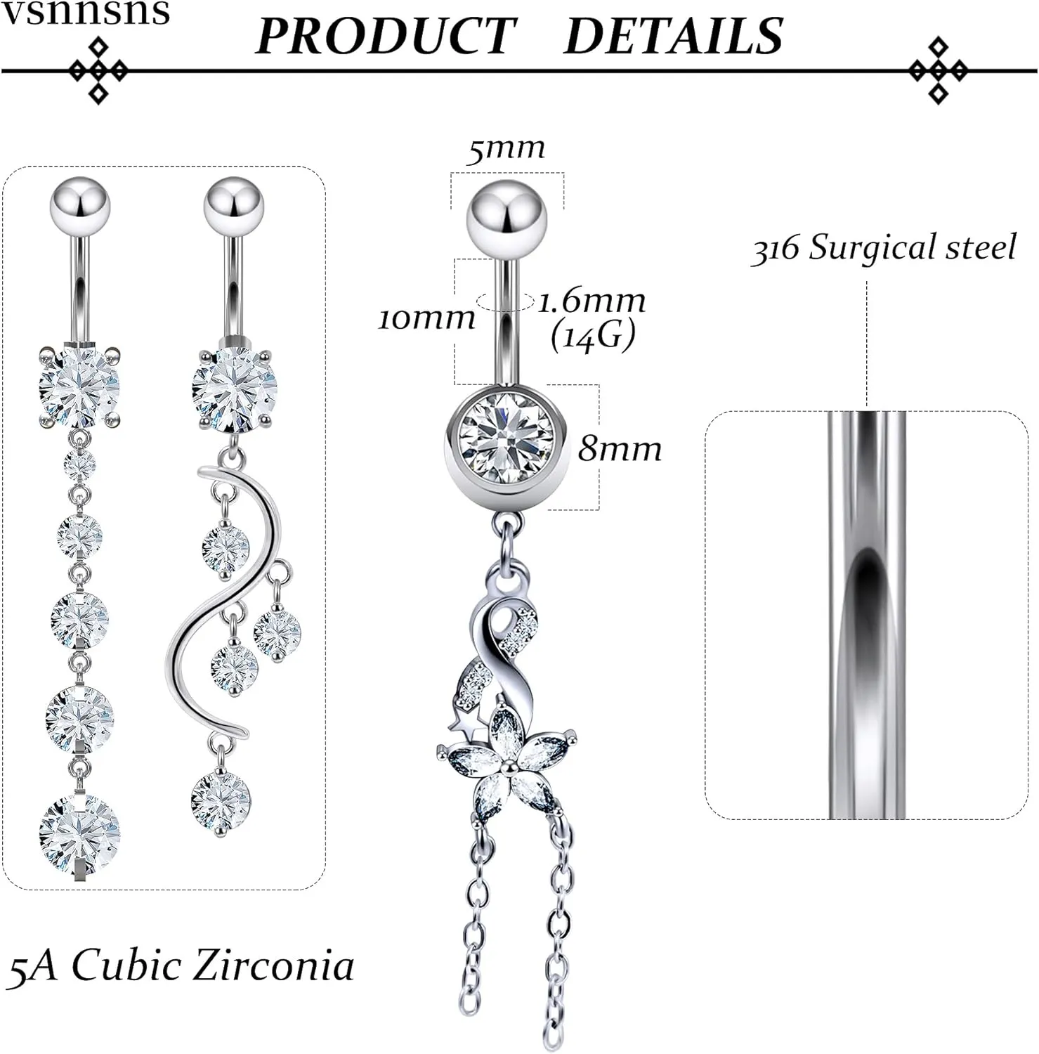 Vsnnsns 14G Dangle Belly Button Ring Piercing Jewelry 316L Stainless Surgical Steel Navel Rings Cubic Zirconia Heart Flower CZ Dangling Belly Button Ring Piercing Jewelry for Women 14 Gauge