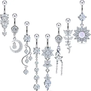 Vsnnsns 14G Dangle Belly Button Ring Piercing Jewelry 316L Stainless Surgical Steel Navel Rings Cubic Zirconia Heart Flower CZ Dangling Belly Button Ring Piercing Jewelry for Women 14 Gauge