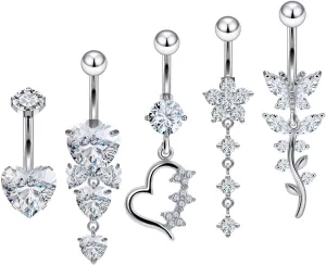 Vsnnsns 14G Dangle Belly Button Ring Piercing Jewelry 316L Stainless Surgical Steel Navel Rings Cubic Zirconia Heart Flower CZ Dangling Belly Button Ring Piercing Jewelry for Women 14 Gauge