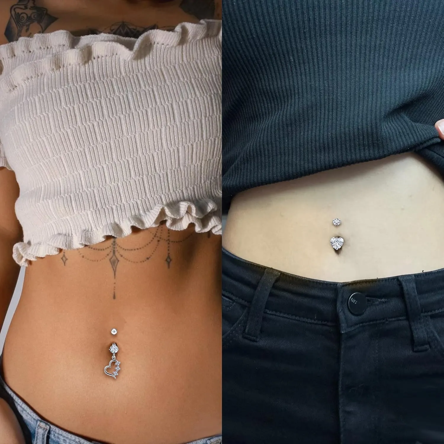 Vsnnsns 14G Dangle Belly Button Ring Piercing Jewelry 316L Stainless Surgical Steel Navel Rings Cubic Zirconia Heart Flower CZ Dangling Belly Button Ring Piercing Jewelry for Women 14 Gauge