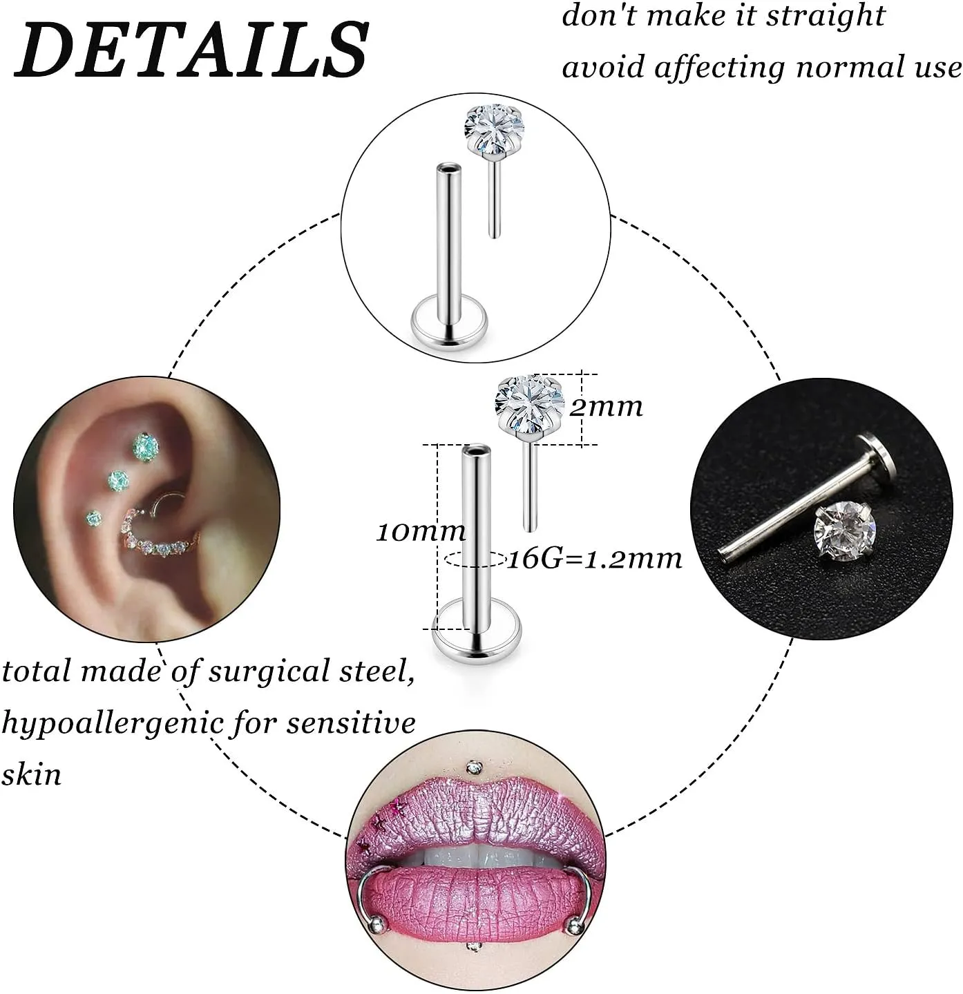 Vsnnsns 16G 18G 20G Threadless Push in Lip Rings Stainless Steel Flat Back Nose Rings Studs Tragus Helix Conch Cartilage Lobe Earrings Stud Piercing Jewelry for Women Men Diamond CZ Silver 20PCS