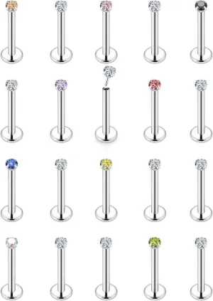 Vsnnsns 16G 18G 20G Threadless Push in Lip Rings Stainless Steel Flat Back Nose Rings Studs Tragus Helix Conch Cartilage Lobe Earrings Stud Piercing Jewelry for Women Men Diamond CZ Silver 20PCS