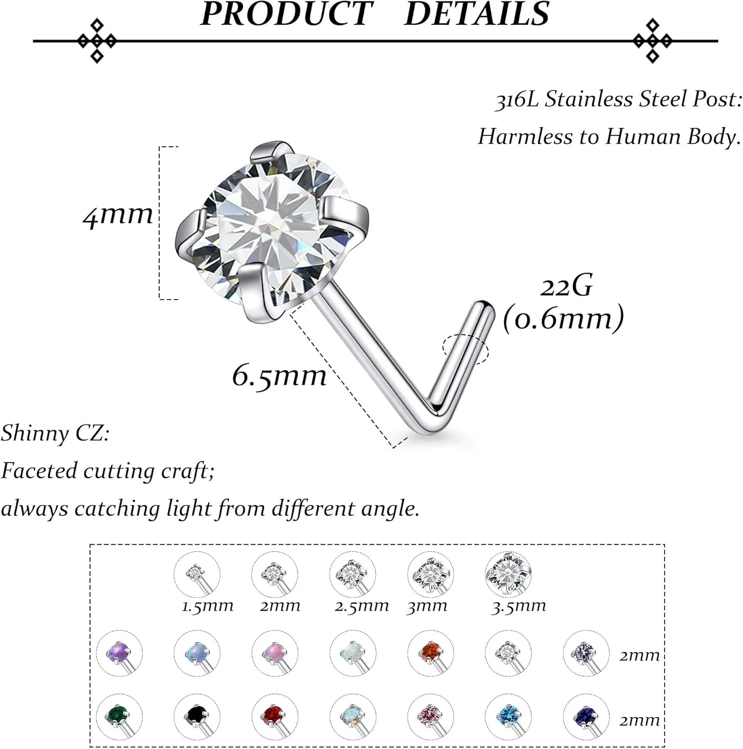 Vsnnsns 18G 20G 22G Nose Rings Studs Piercing Jewelry for Women 316L Surgical Stainless Steel L Shaped Corkscrew Straight Opal Diamond CZ Nose Rings Studs Nostril Piercing Jewelry For Women Men Silver