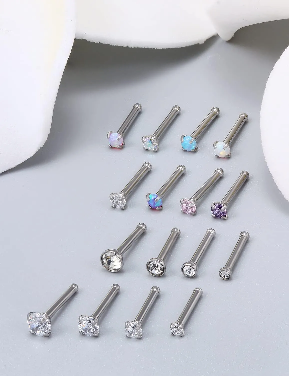 Vsnnsns 18G 20G 22G Nose Rings Studs Piercing Jewelry for Women 316L Surgical Stainless Steel L Shaped Corkscrew Straight Opal Diamond CZ Nose Rings Studs Nostril Piercing Jewelry For Women Men Silver