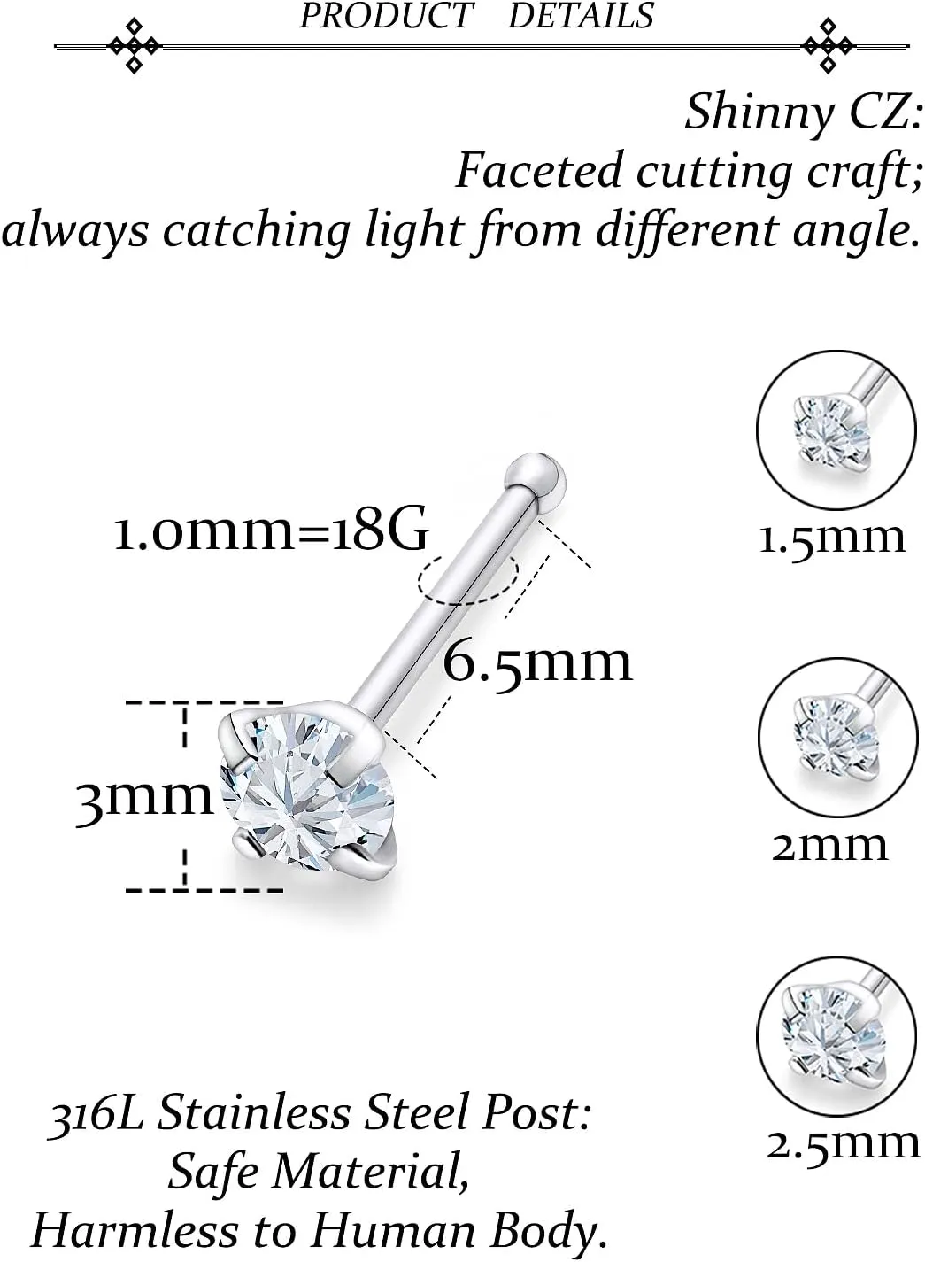 Vsnnsns 18G 20G 22G Nose Rings Studs Piercing Jewelry for Women 316L Surgical Stainless Steel L Shaped Corkscrew Straight Opal Diamond CZ Nose Rings Studs Nostril Piercing Jewelry For Women Men Silver