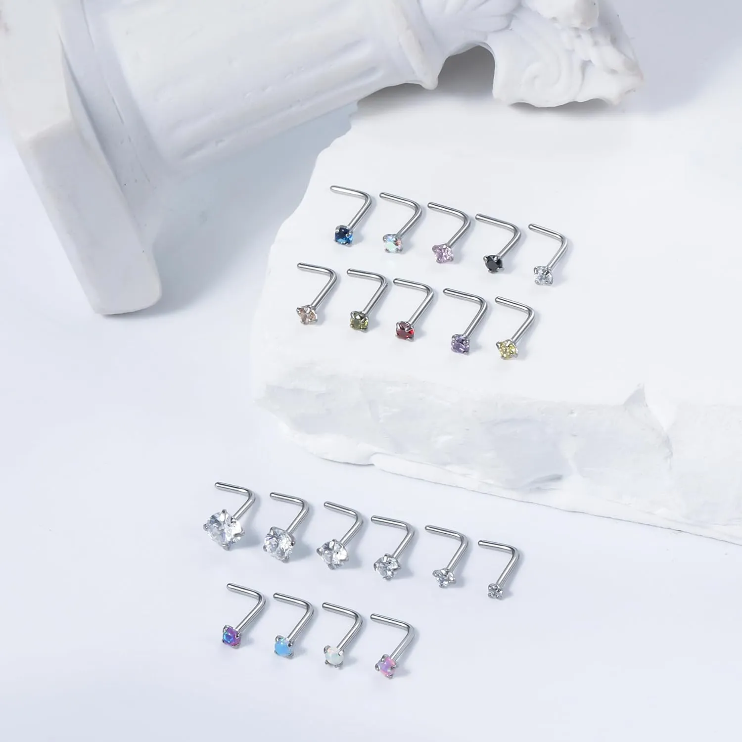 Vsnnsns 18G 20G 22G Nose Rings Studs Piercing Jewelry for Women 316L Surgical Stainless Steel L Shaped Corkscrew Straight Opal Diamond CZ Nose Rings Studs Nostril Piercing Jewelry For Women Men Silver