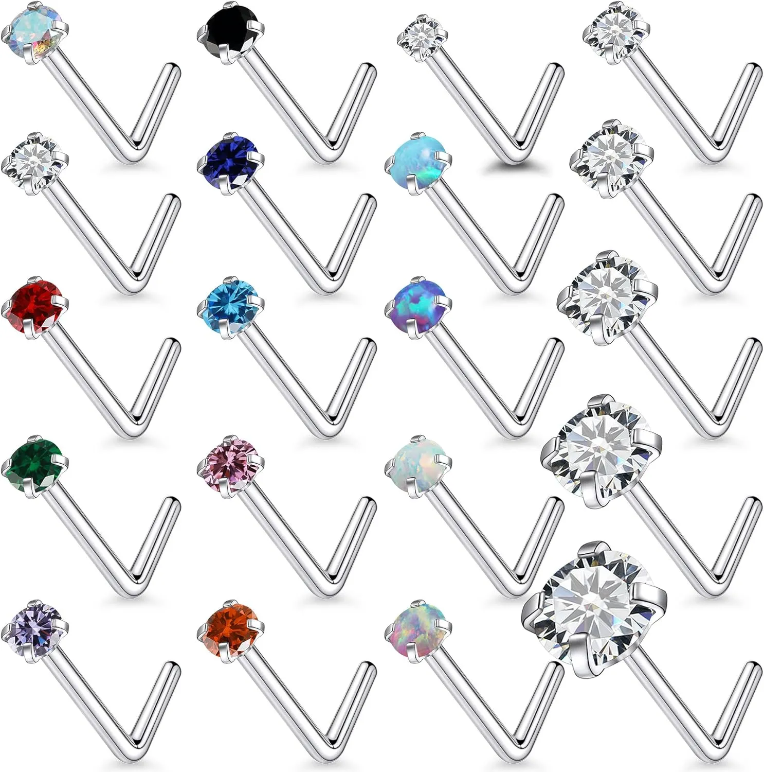 Vsnnsns 18G 20G 22G Nose Rings Studs Piercing Jewelry for Women 316L Surgical Stainless Steel L Shaped Corkscrew Straight Opal Diamond CZ Nose Rings Studs Nostril Piercing Jewelry For Women Men Silver