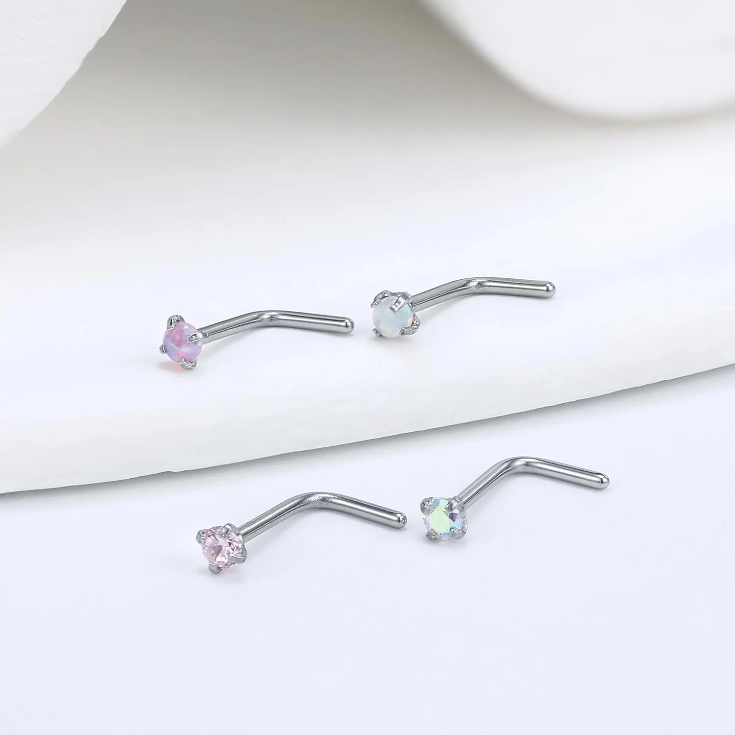 Vsnnsns 18G 20G 22G Nose Rings Studs Piercing Jewelry for Women 316L Surgical Stainless Steel L Shaped Corkscrew Straight Opal Diamond CZ Nose Rings Studs Nostril Piercing Jewelry For Women Men Silver