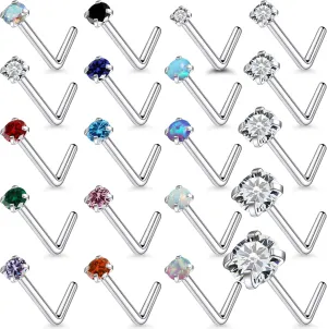 Vsnnsns 18G 20G 22G Nose Rings Studs Piercing Jewelry for Women 316L Surgical Stainless Steel L Shaped Corkscrew Straight Opal Diamond CZ Nose Rings Studs Nostril Piercing Jewelry For Women Men Silver