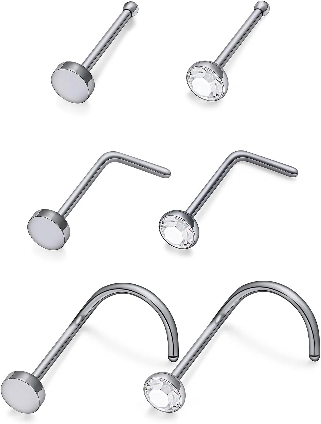 Vsnnsns 18G 20G Nose Rings Studs for Women G23 Titanium Nose Piercing L Shaped Nose Rings Corkscrew Bone Nose Ring Studs Piercings Jewelry for Women Men Diamond CZ Flat Top 2mm 6pcs