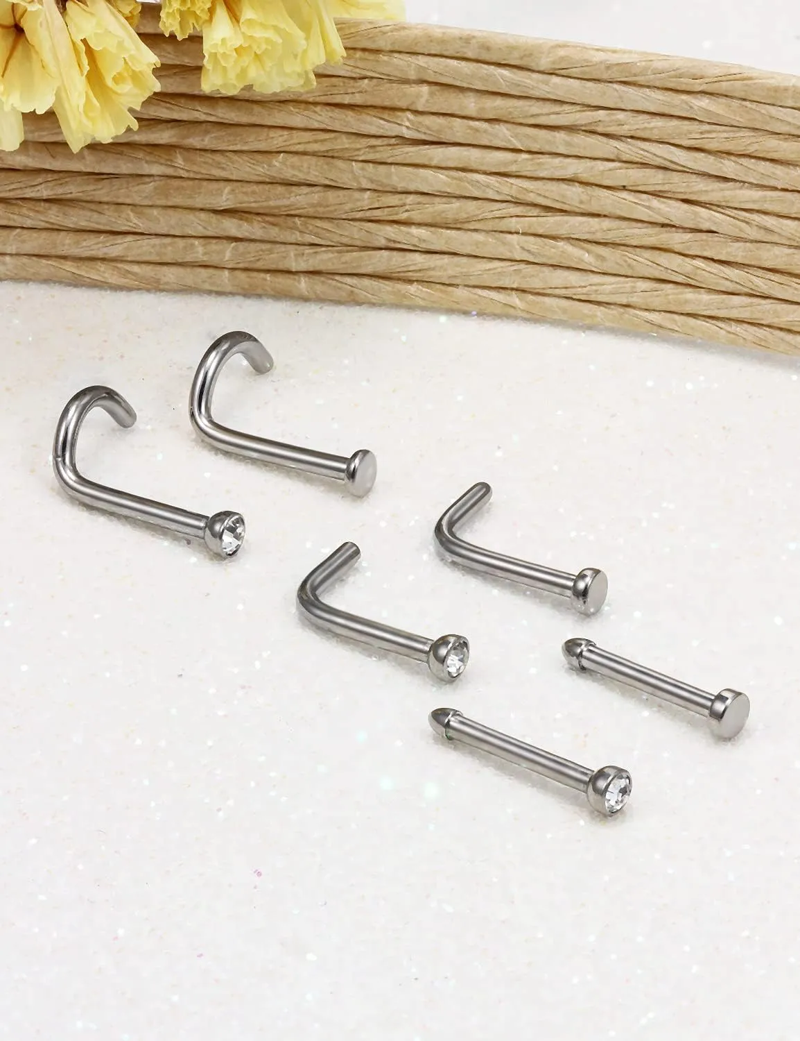 Vsnnsns 18G 20G Nose Rings Studs for Women G23 Titanium Nose Piercing L Shaped Nose Rings Corkscrew Bone Nose Ring Studs Piercings Jewelry for Women Men Diamond CZ Flat Top 2mm 6pcs