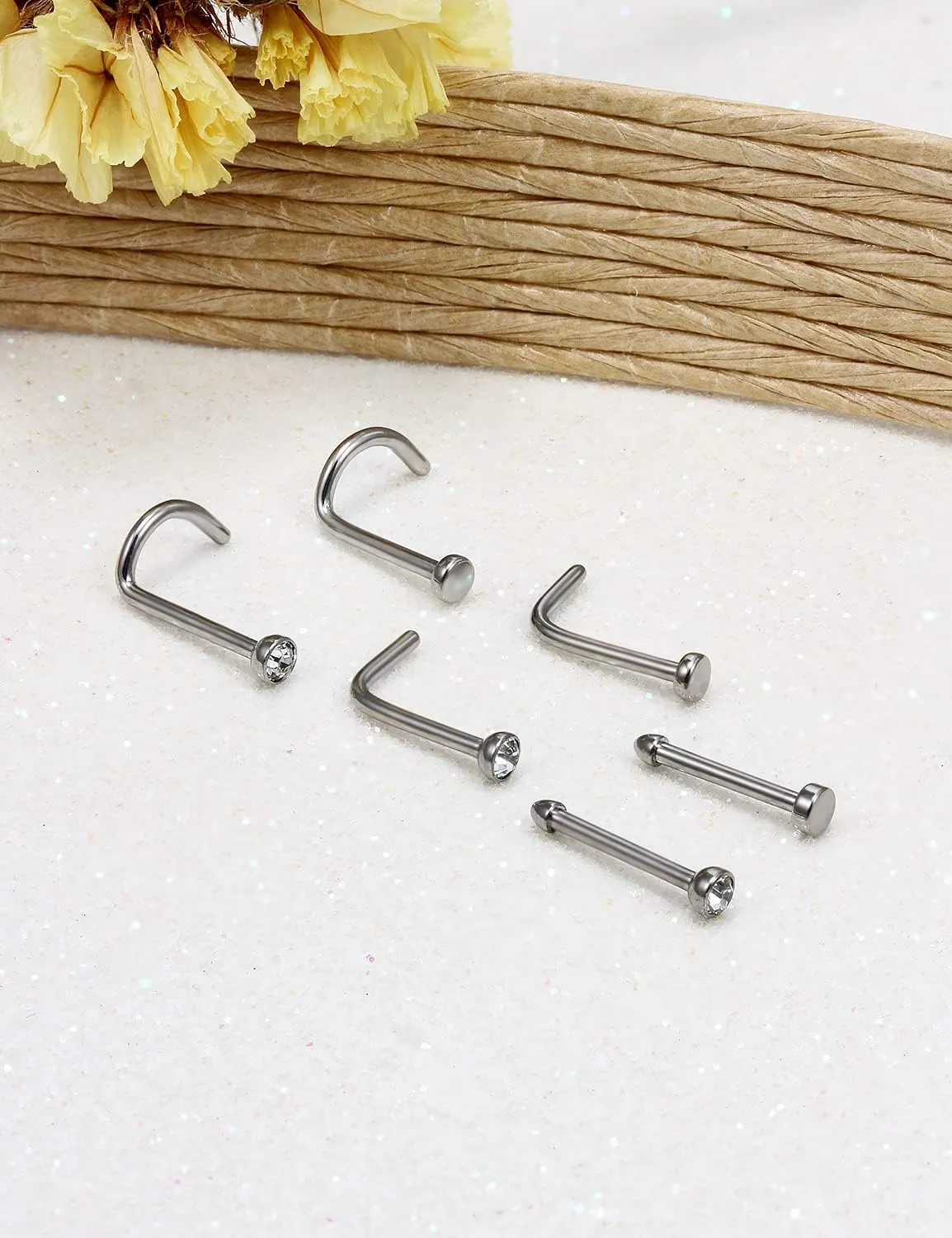 Vsnnsns 18G 20G Nose Rings Studs for Women G23 Titanium Nose Piercing L Shaped Nose Rings Corkscrew Bone Nose Ring Studs Piercings Jewelry for Women Men Diamond CZ Flat Top 2mm 6pcs