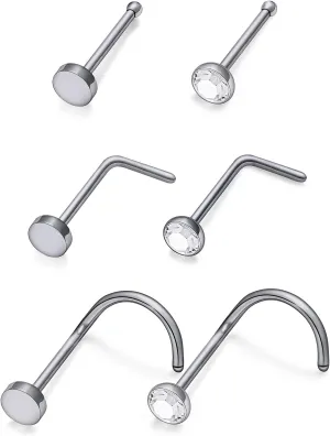 Vsnnsns 18G 20G Nose Rings Studs for Women G23 Titanium Nose Piercing L Shaped Nose Rings Corkscrew Bone Nose Ring Studs Piercings Jewelry for Women Men Diamond CZ Flat Top 2mm 6pcs