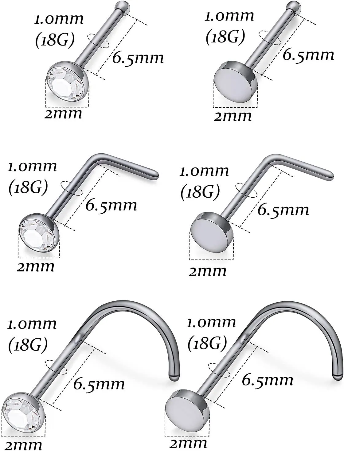 Vsnnsns 18G 20G Nose Rings Studs for Women G23 Titanium Nose Piercing L Shaped Nose Rings Corkscrew Bone Nose Ring Studs Piercings Jewelry for Women Men Diamond CZ Flat Top 2mm 6pcs