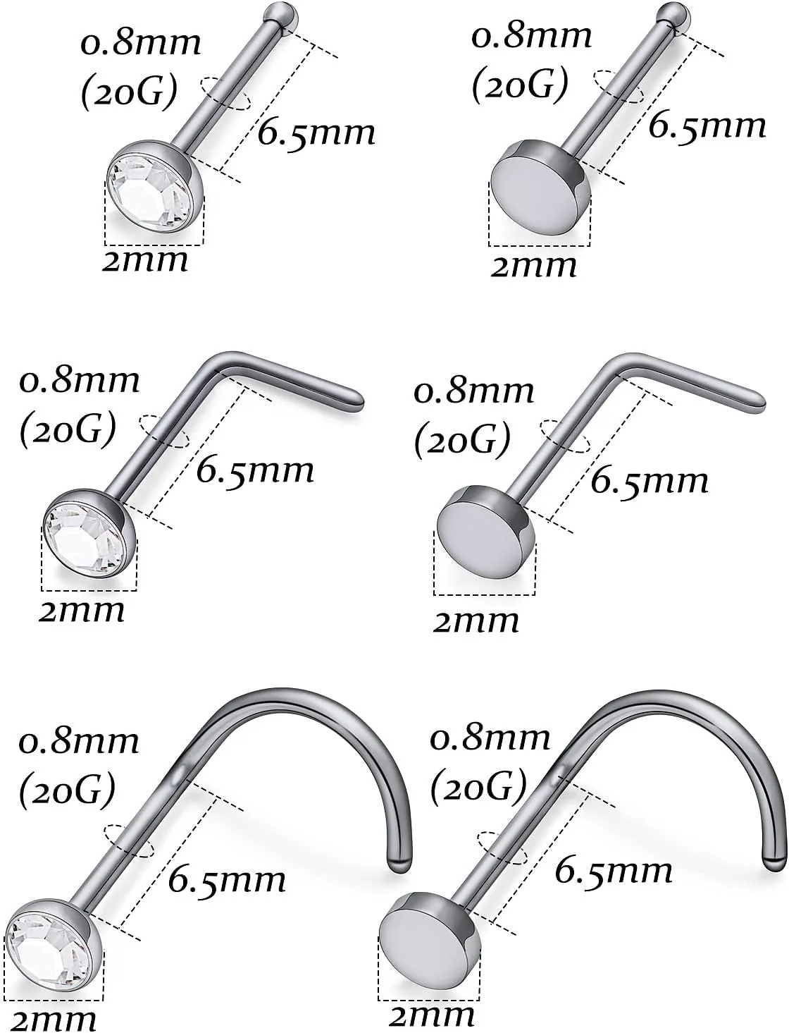 Vsnnsns 18G 20G Nose Rings Studs for Women G23 Titanium Nose Piercing L Shaped Nose Rings Corkscrew Bone Nose Ring Studs Piercings Jewelry for Women Men Diamond CZ Flat Top 2mm 6pcs