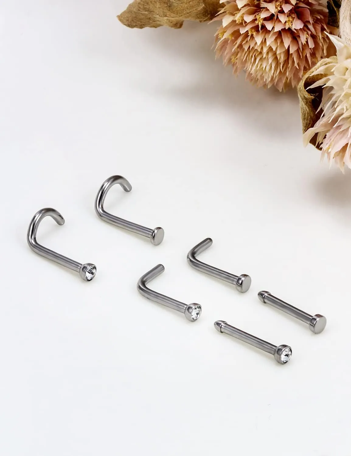 Vsnnsns 18G 20G Nose Rings Studs for Women G23 Titanium Nose Piercing L Shaped Nose Rings Corkscrew Bone Nose Ring Studs Piercings Jewelry for Women Men Diamond CZ Flat Top 2mm 6pcs